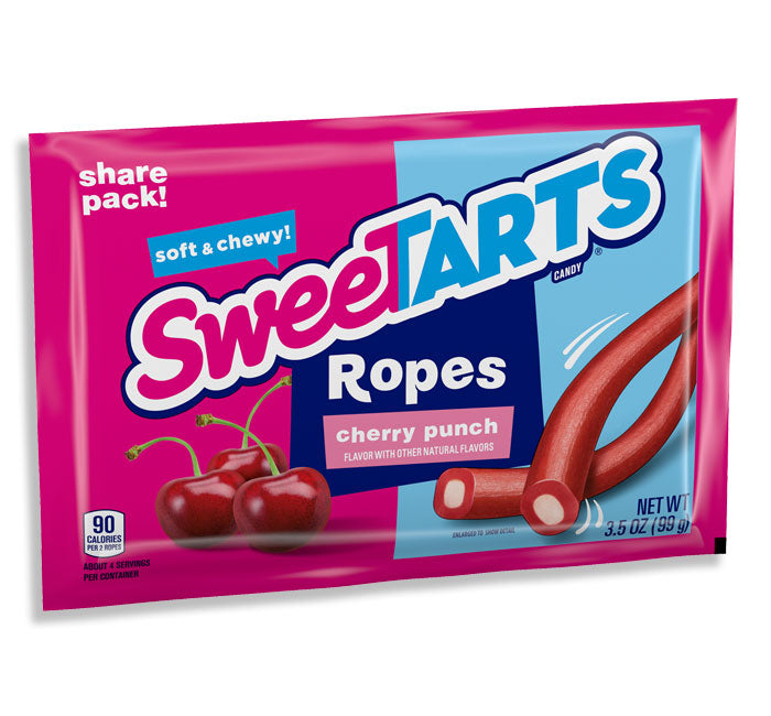 SweeTarts Ropes Cherry Punch candy package with cherry imagery and soft chewy texture.