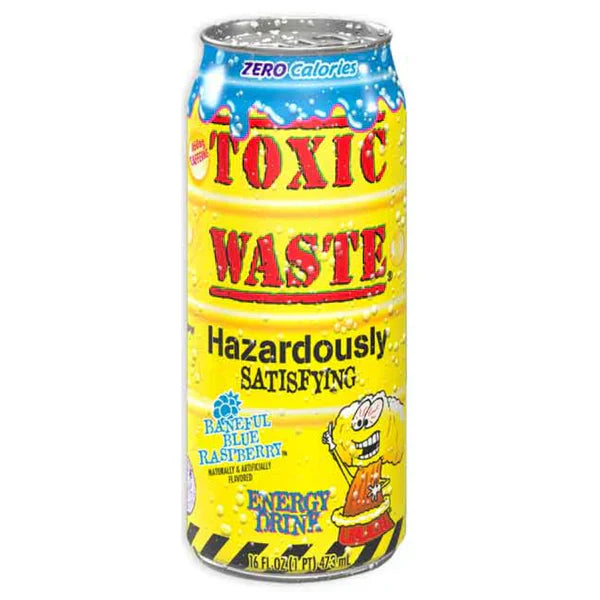 Toxic Waste Baneful Blue Raspberry Energy Drink can, featuring bold yellow design and blue raspberry graphics.