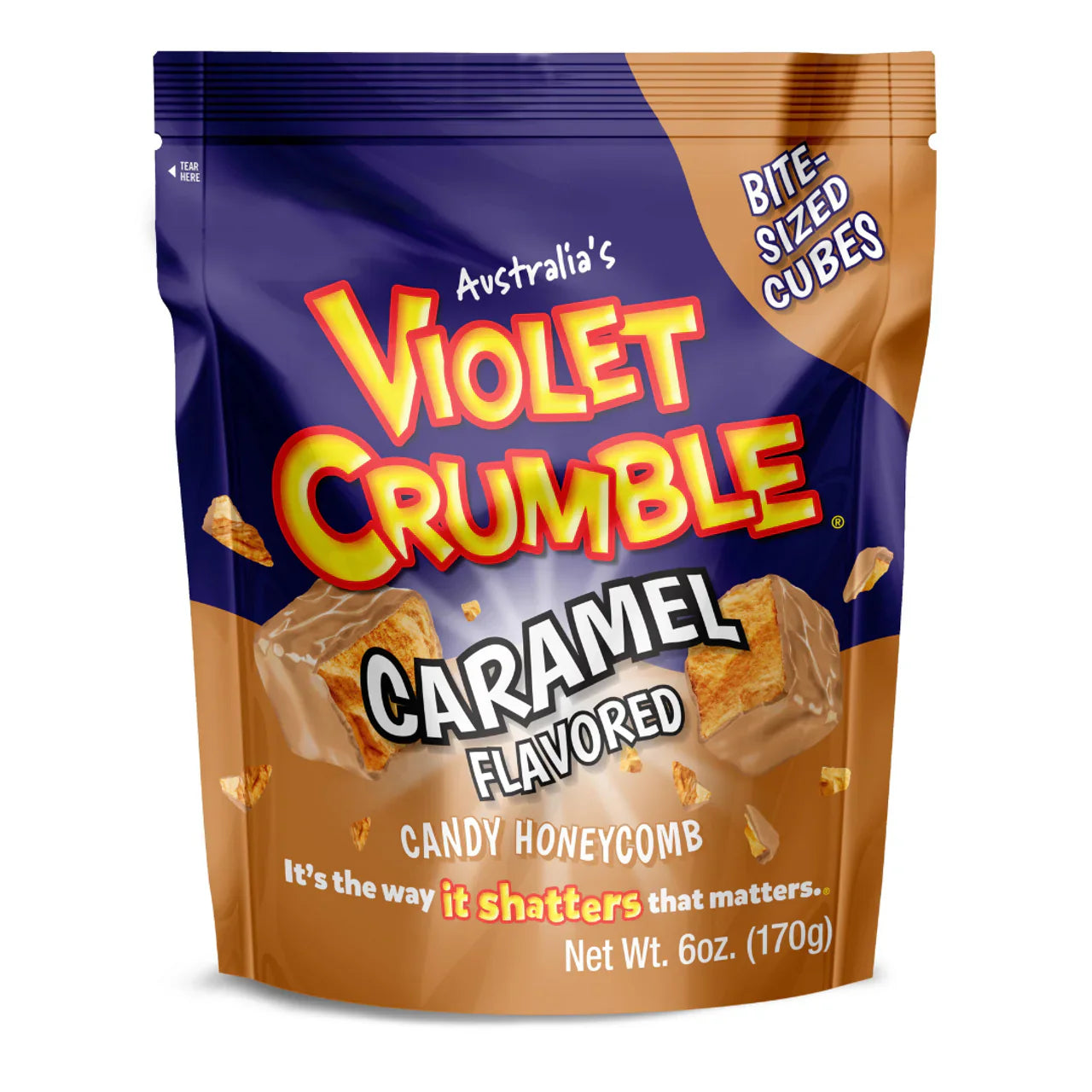 Violet Crumble Caramel Bite Sized Cubes, caramel honeycomb candy from Australia, 6 oz bag.