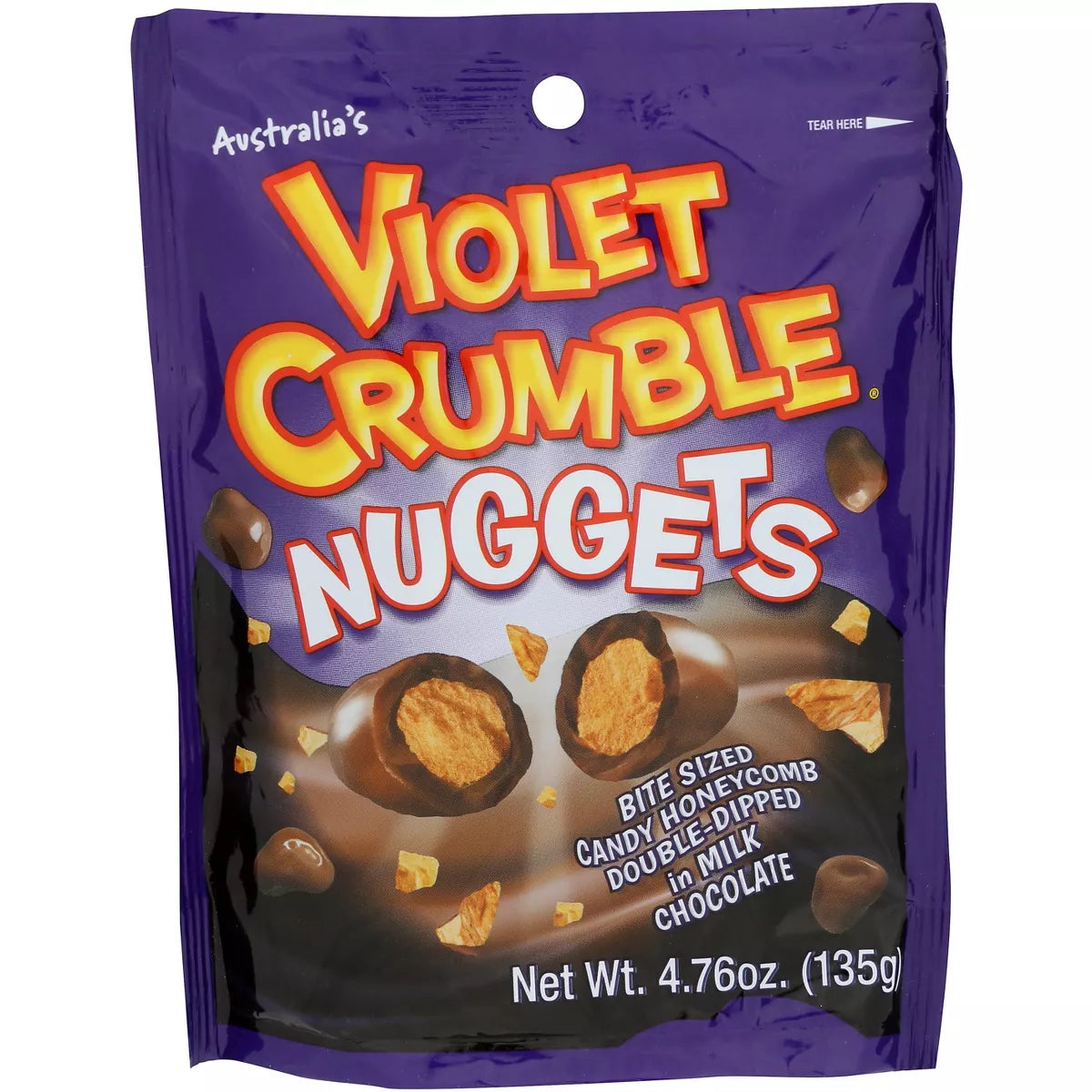 Bite-sized Violet Crumble Nuggets double dipped in milk chocolate packaging.