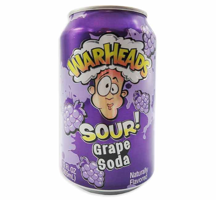 WarHeads Grape Soda can with vibrant purple design and sour logo.