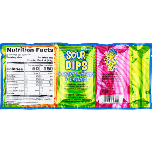 Xtreme Lock Jaw Sour Dips candy pack with nutrition facts, featuring sour powder flavors: Pink Lemonade, Apple, and Orange.