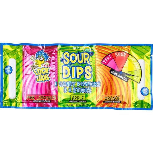 Xtreme Lock Jaw Sour Dips with candy powders in Pink Lemonade, Apple, and Orange flavors, featuring two candy sticks.