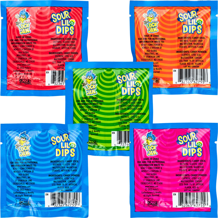 Xtreme Lock Jaw Sour Lil Dips candy packs in assorted colors and flavors.