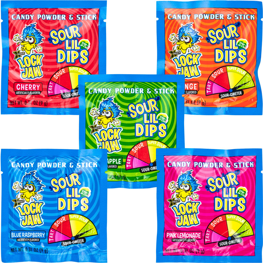 Xtreme Lock Jaw Sour Lil Dips candy packs in various flavors, featuring a candy stick and sour powder.