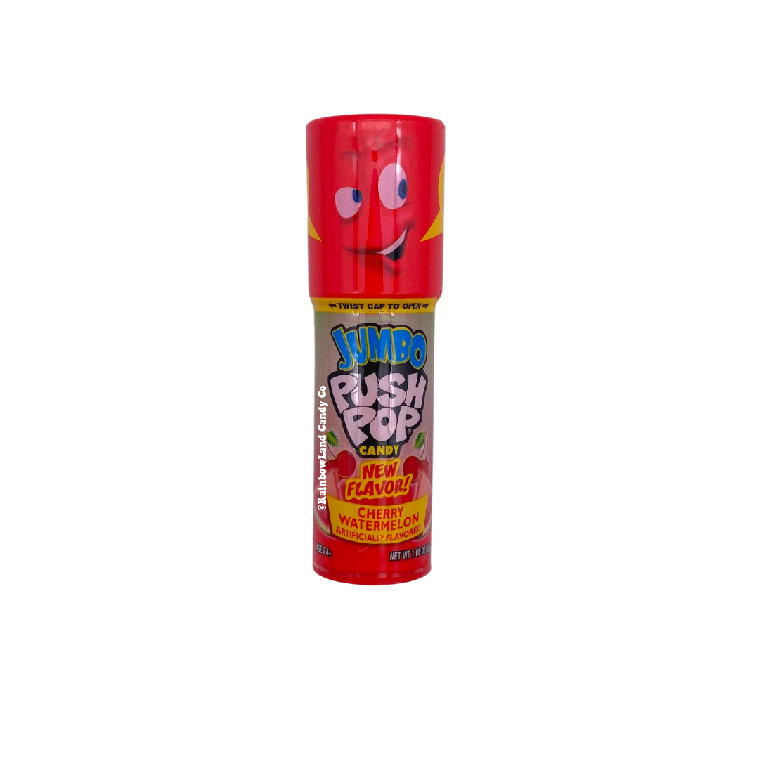 Jumbo Push Pops candy with Cherry Watermelon flavor packaging.
