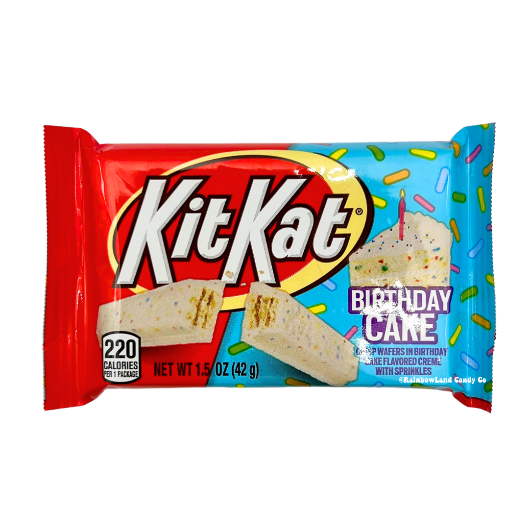 Kit Kat Birthday Cake flavored wafer candy bar with sprinkles packaging.