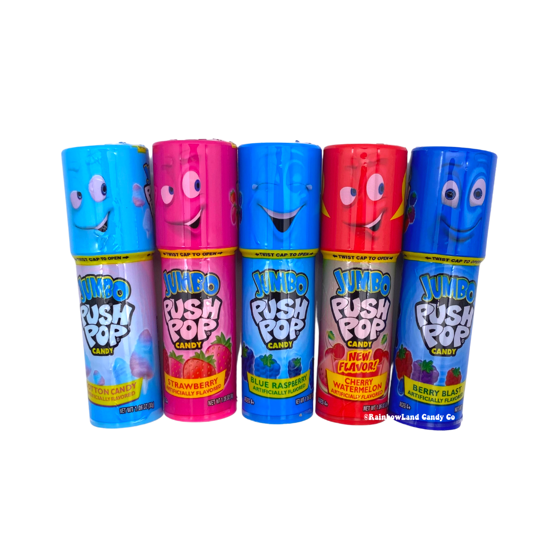 Jumbo Push Pops in five flavors including Cotton Candy, Strawberry, Berry Cherry, Cherry Watermelon, and Blue Raspberry.