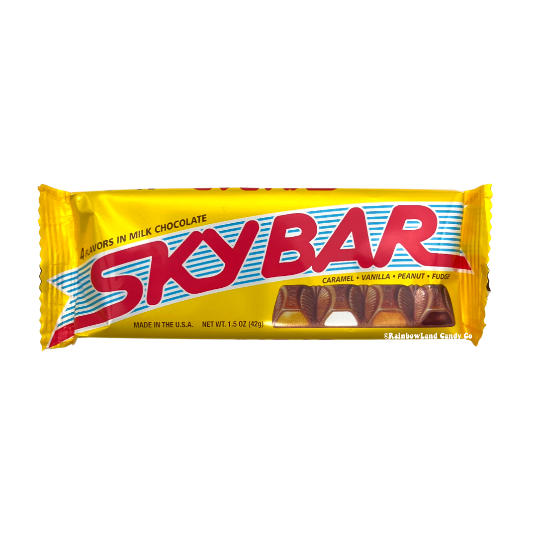 Sky Bar chocolate candy with four flavors: caramel, vanilla, peanut, and fudge.