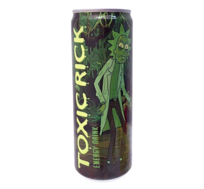 Rick and Morty Toxic Rick Energy Drink can, 12 FL OZ, with 100 mg caffeine.
