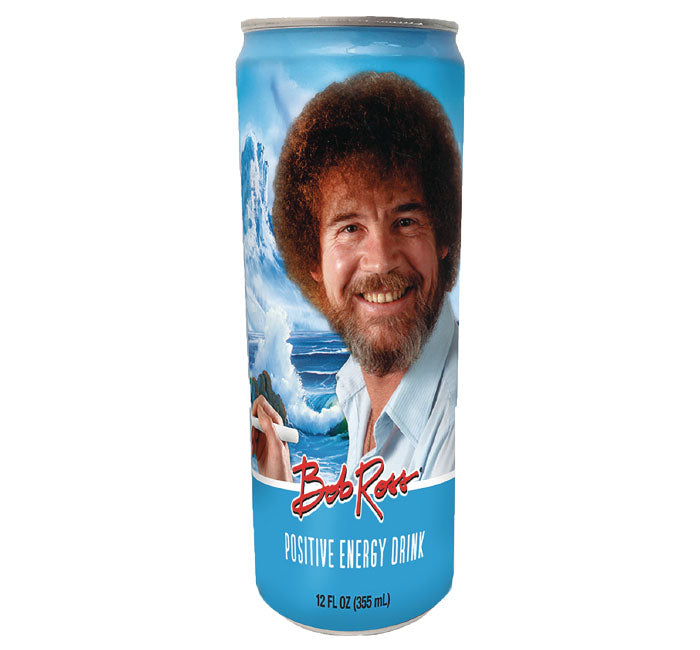 Bob Ross Positive Energy Drink can with Bob Ross image and art-themed design, 12 FL OZ.