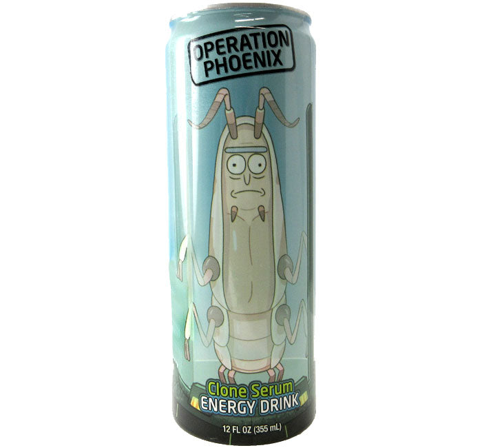 Rick and Morty themed energy drink can, featuring Clone Serum design, 100 mg caffeine, 12 fl oz.