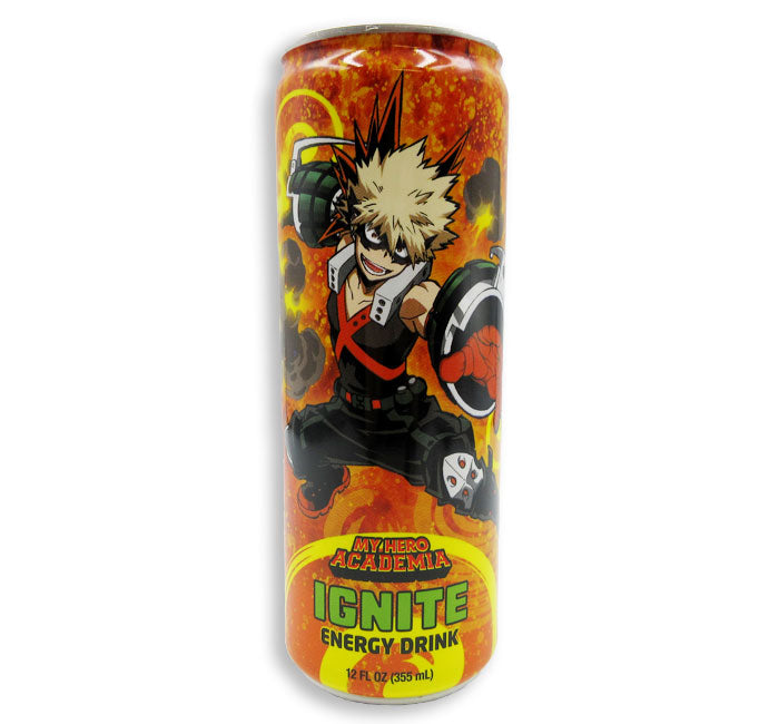 My Hero Academia Bakugo Ignite Energy Drink can featuring Katsuki Bakugo design.