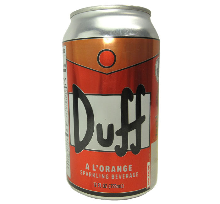 Simpsons Duff Sparkling Beverage can with orange label, 12 FL OZ.