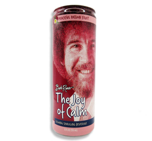 Bob Ross The Joy of Calm sparkling beverage can with passionfruit flavor, promoting calmness and relaxation.