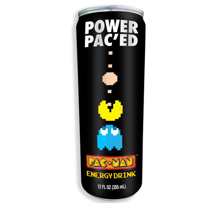 Pac Man Power Pac'ed Energy Drink can with retro game graphics, 100mg caffeine, 12 FL OZ.