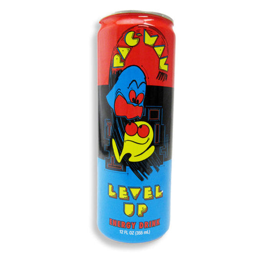 Pac Man Level Up Energy Drink can with colorful retro packaging, 12 FL OZ.