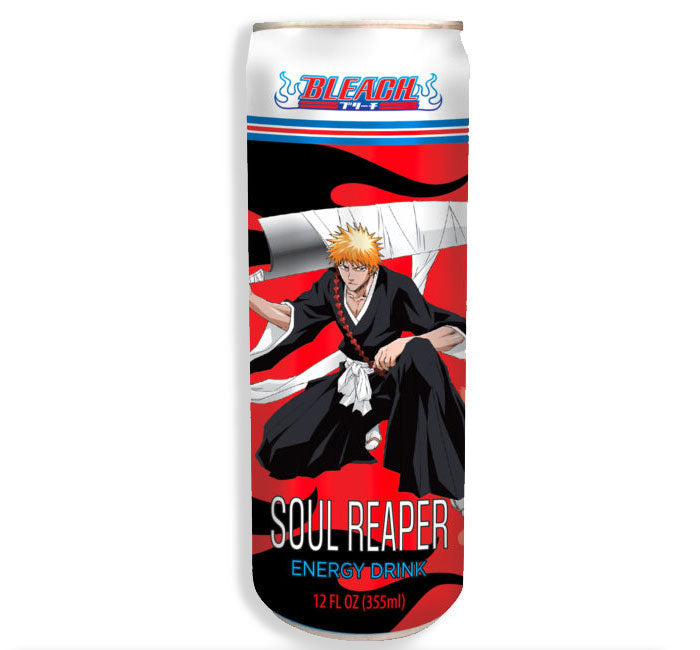 Bleach Ichigo Soul Reaper Energy Drink can featuring Ichigo Kurosaki from anime, 12 FL OZ, 100 mg caffeine.