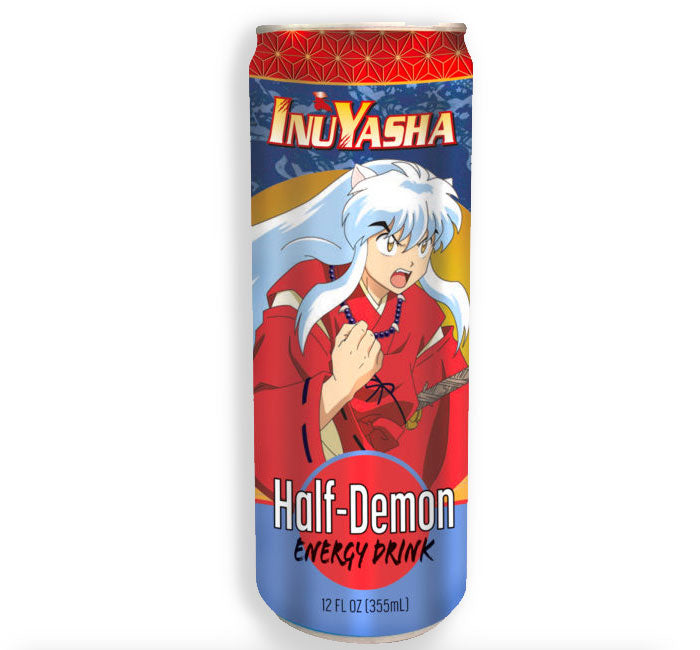 Inuyasha Half Demon energy drink can featuring anime character design.