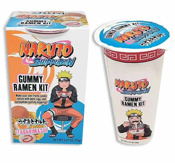 Naruto Shippuden Gummy Ramen Kit packaging with candy ramen and gummy toppings.