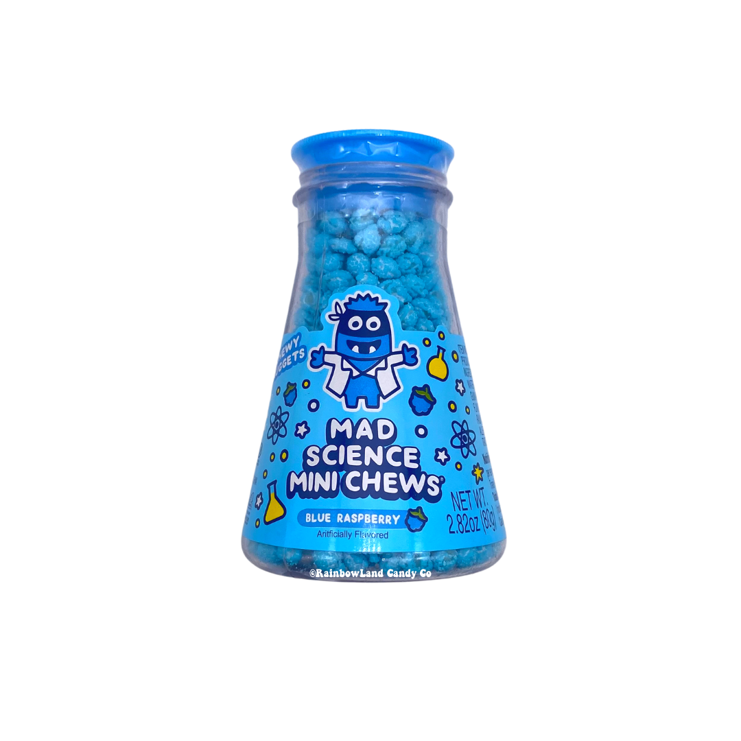 Mad Science Mini Chews in blue raspberry flavor in a lab-themed container.