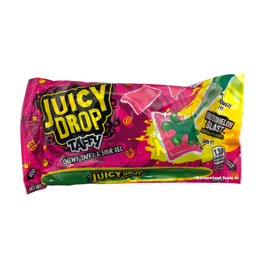 Juicy Drop Taffy bag with chewy taffy and sour gel in assorted flavors like Watermelon Blast.