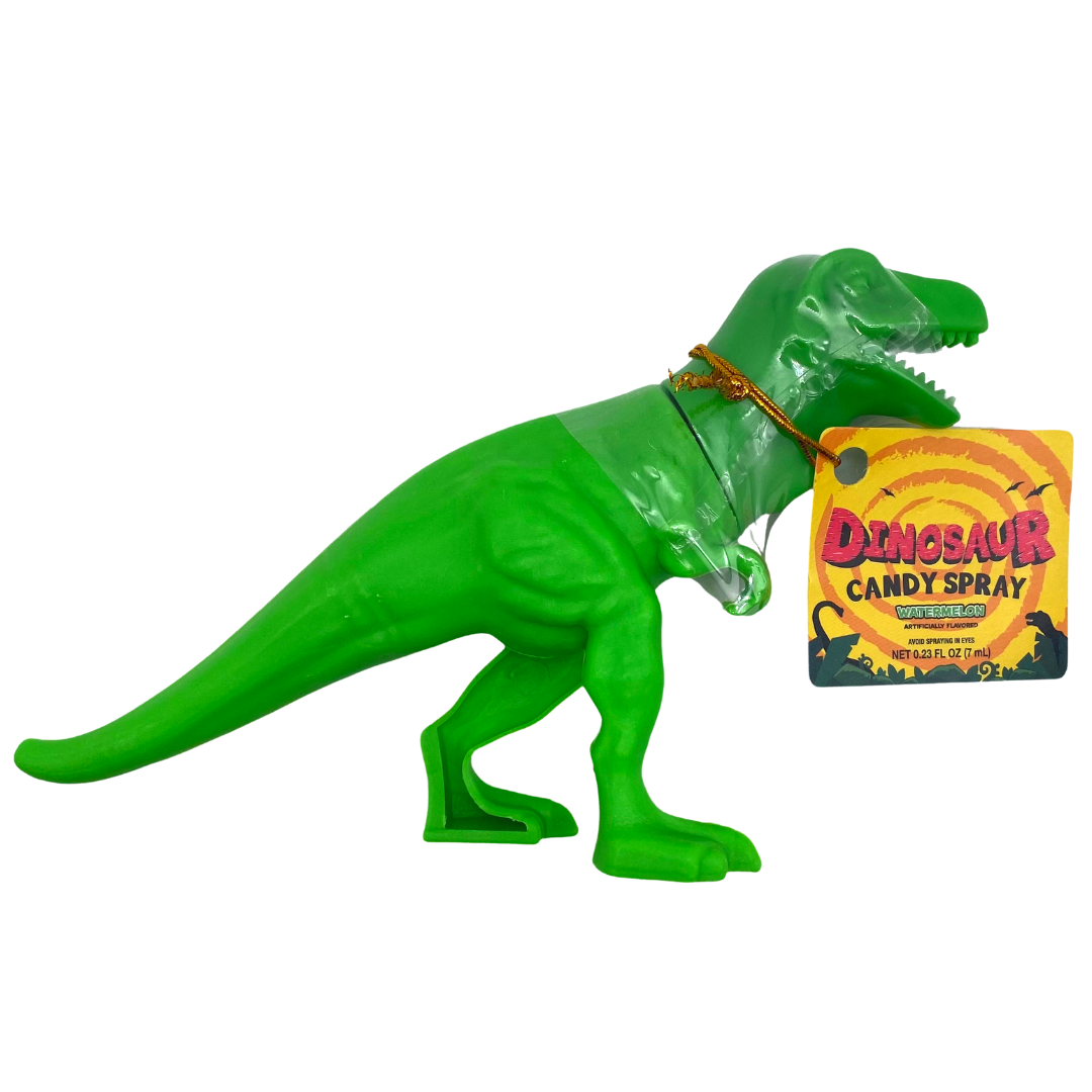 Dinosaur Spray Candy in green dinosaur-shaped packaging.