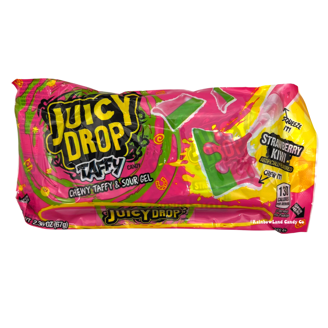 Juicy Drop Taffy package with sour gel and various flavors.