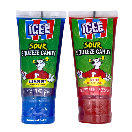 ICEE Sour Squeeze Candy in Blue Raspberry and Cherry flavors.