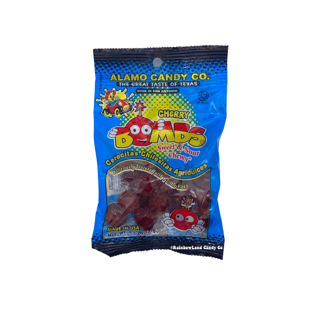 Cherry Bombs candy pack with sweet and sour cherry flavor and zesty chili.