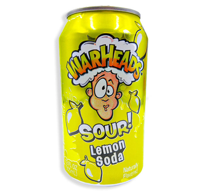 WarHeads Sour Lemon Soda can with vibrant yellow design.