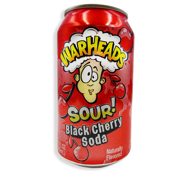 WarHeads Sour Soda Black Cherry flavor can, red design with cartoon logo.