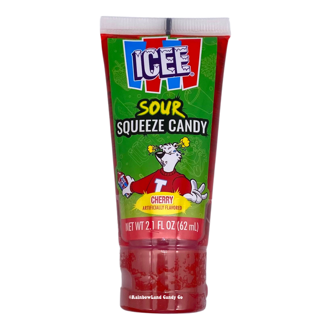 ICEE Sour Squeeze Candy tube in cherry flavor.