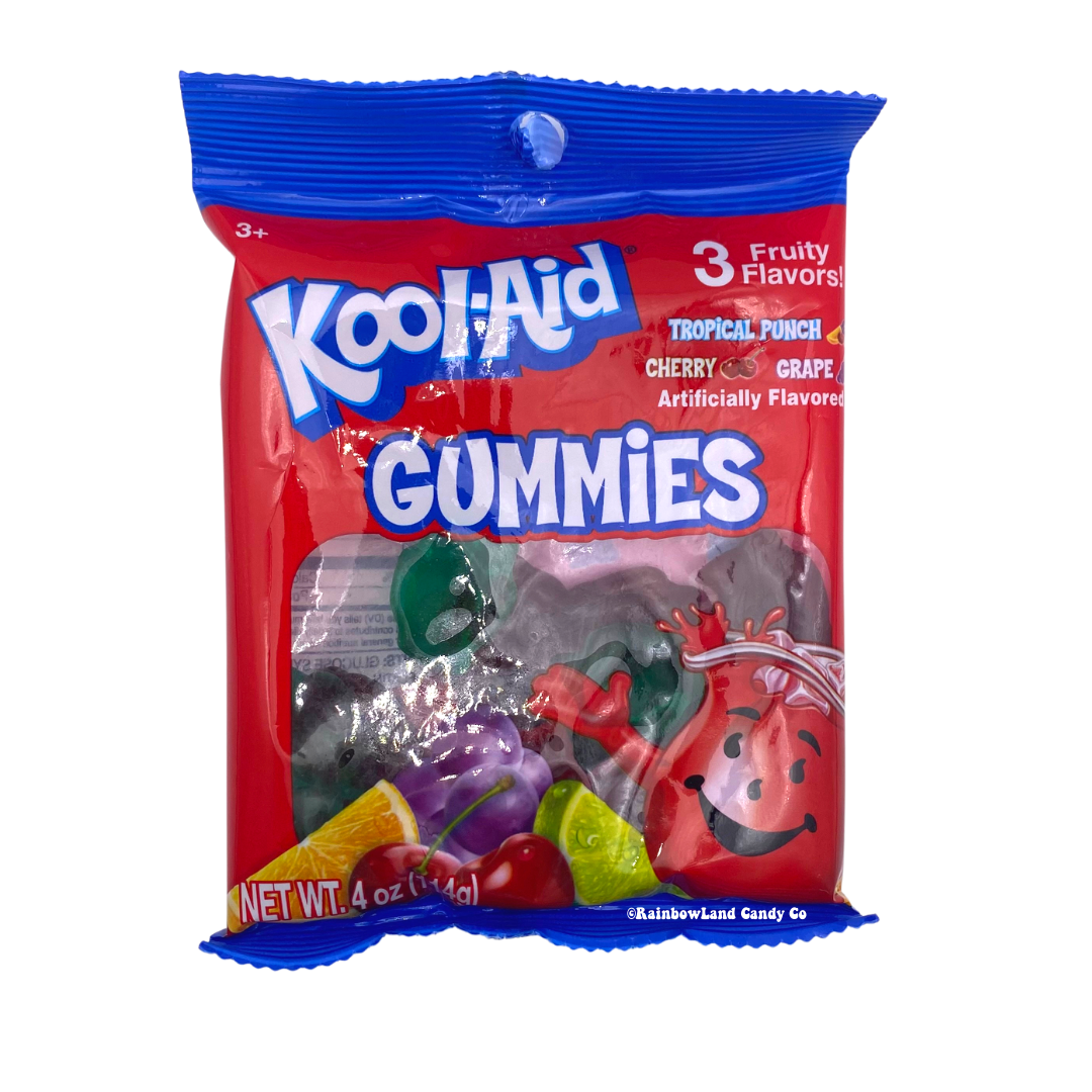 Kool-Aid Gummies 4 oz bag with Tropical Punch, Cherry, Grape flavors.