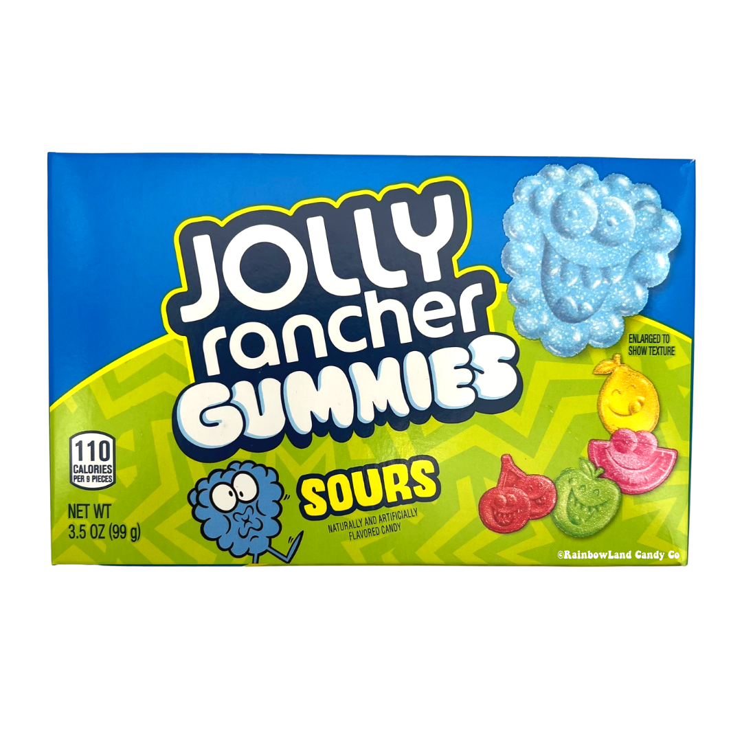 Jolly Rancher Gummies Sours Theater Box with flavors Sour Green Apple, Sour Blue Raspberry, Sour Cherry, Sour Grape, and Sour Watermelon, 3.5 oz packaging.