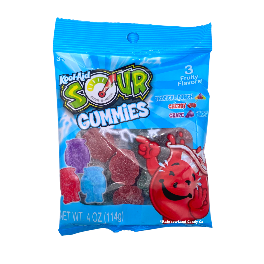 Kool-Aid Sour Gummies 4 oz bag with Tropical Punch, Cherry, and Grape flavors.