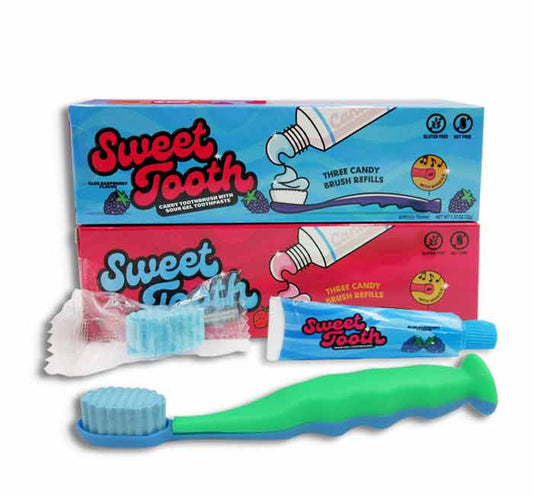 Sweet Tooth & Paste candy set with tutti frutti toothbrush and fruit-flavored liquid paste.