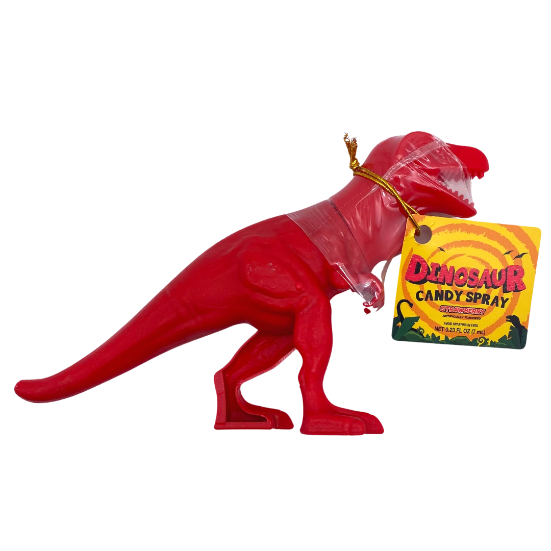 Dinosaur spray candy in red dinosaur-shaped packaging.