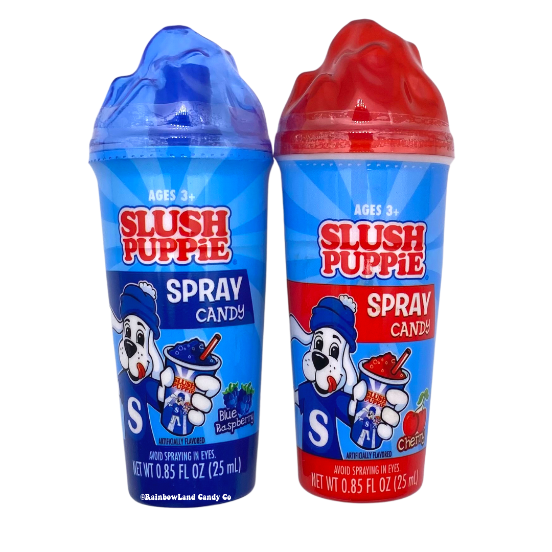 Slush Puppie Spray Candy in Cherry and Blue Raspberry flavors.
