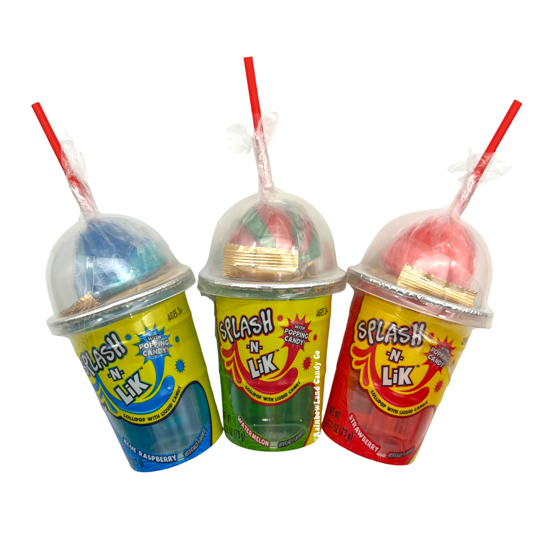 Splash n' Lik lollipop candy with blue raspberry, strawberry, and watermelon flavors in colorful packaging.