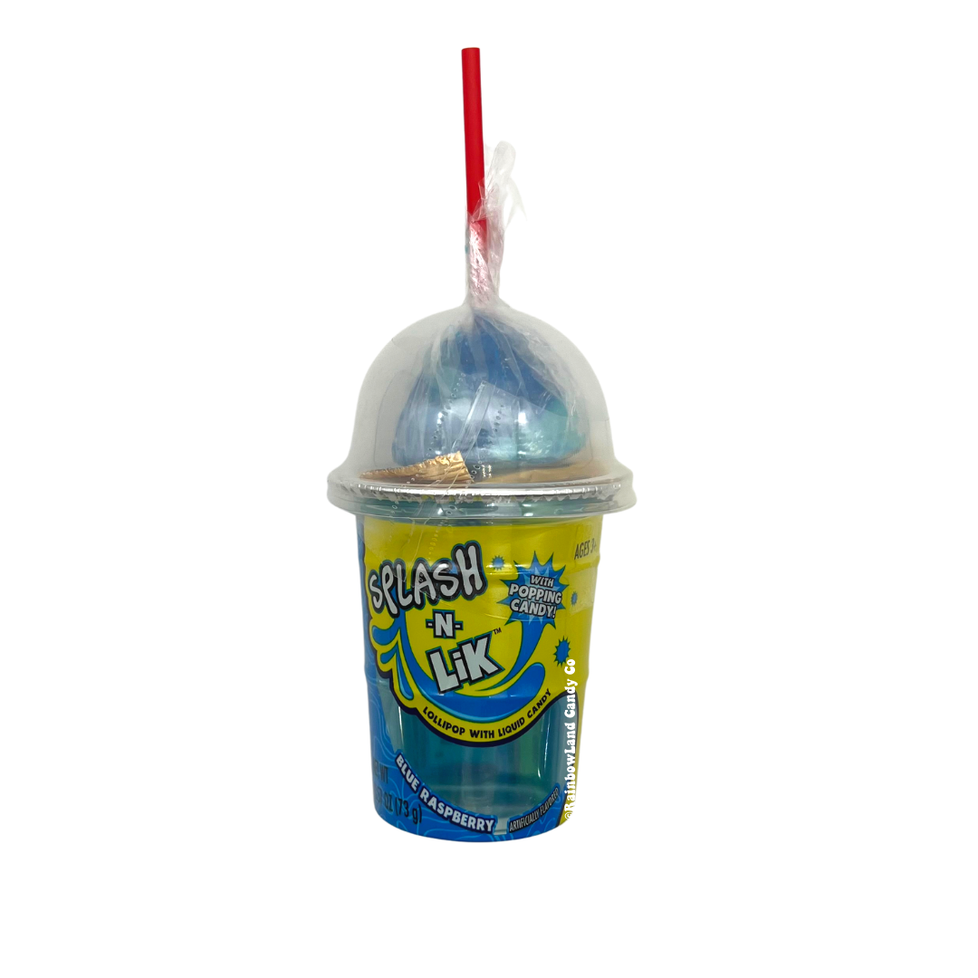 Splash n' Lik lollipop with liquid candy and popping candy in Blue Raspberry flavor.