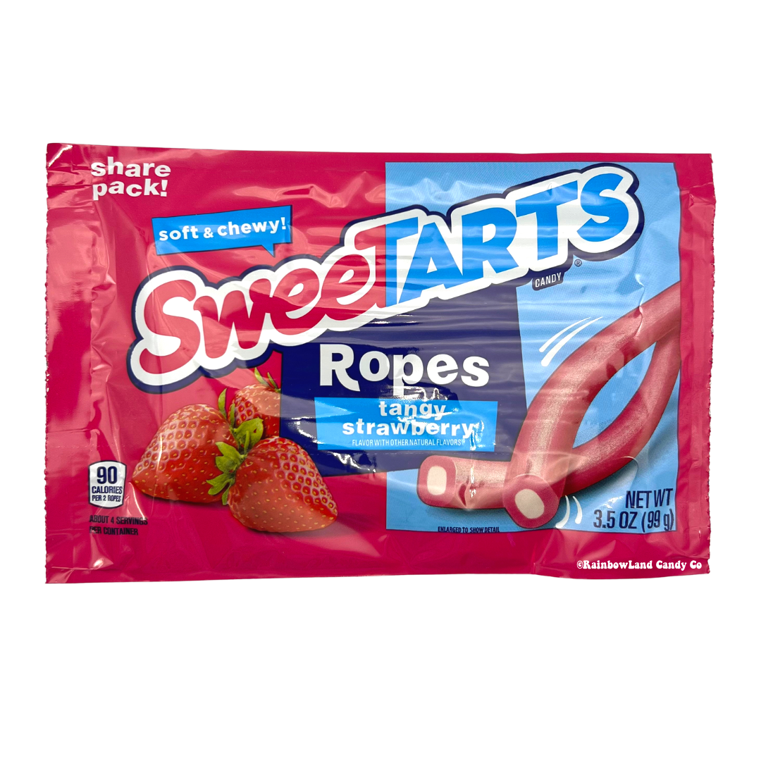 SweeTarts Ropes Tangy Strawberry candy packaging with strawberry illustrations.