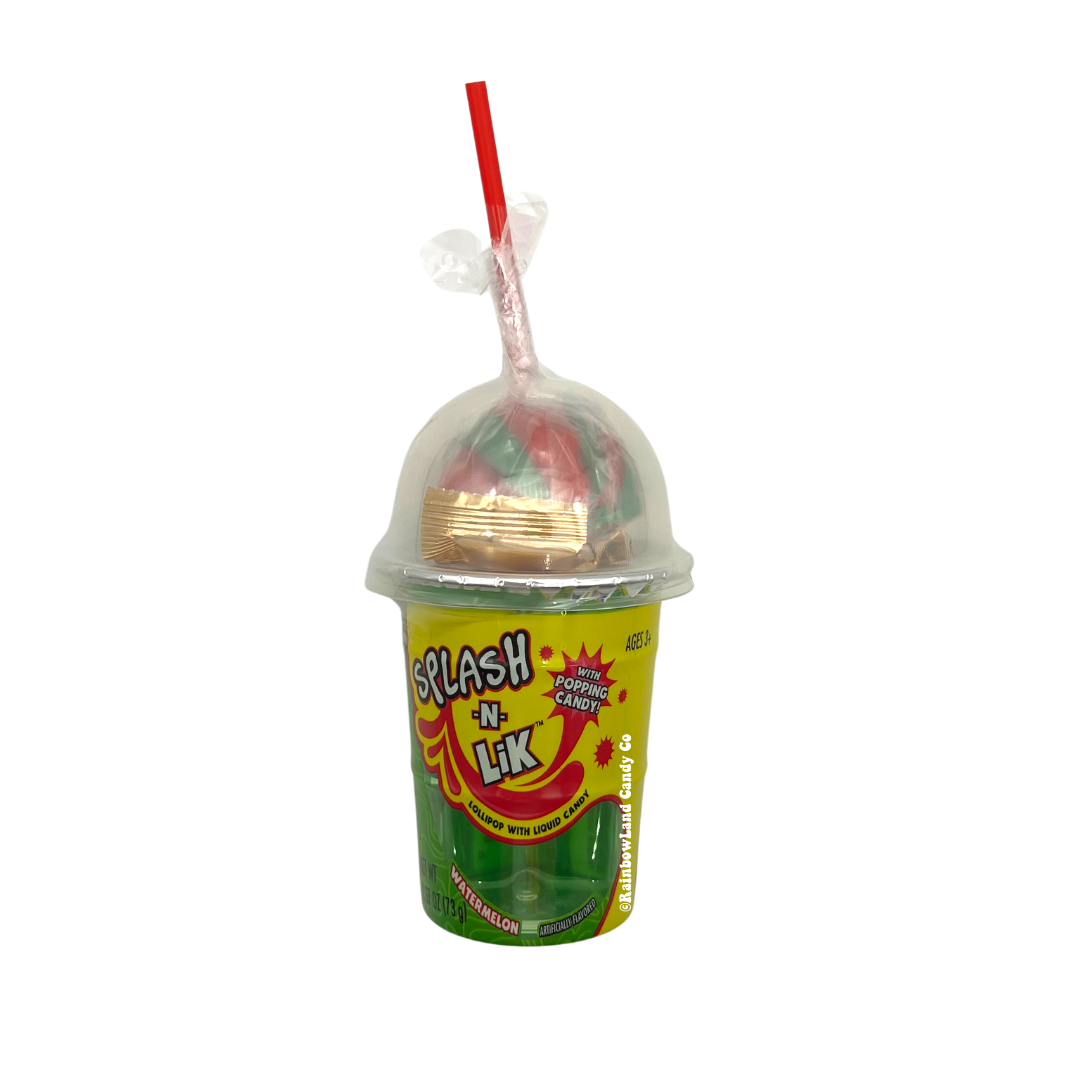 Splash n' Lik lollipop with liquid candy dip featuring flavors: Blue Raspberry, Strawberry, and Watermelon.