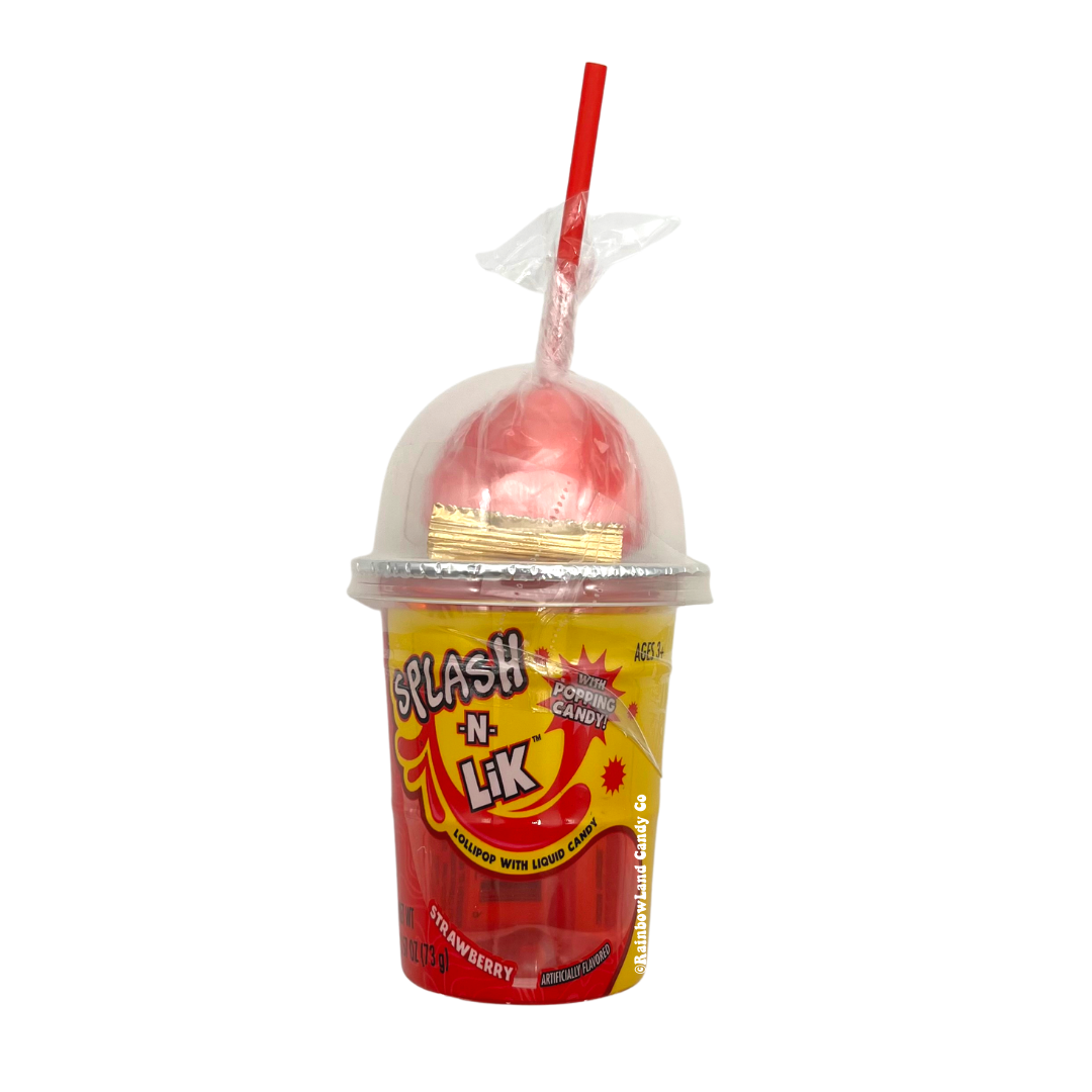 Splash n' Lik candy cup with lollipop and popping candy in blue raspberry, strawberry, and watermelon flavors.