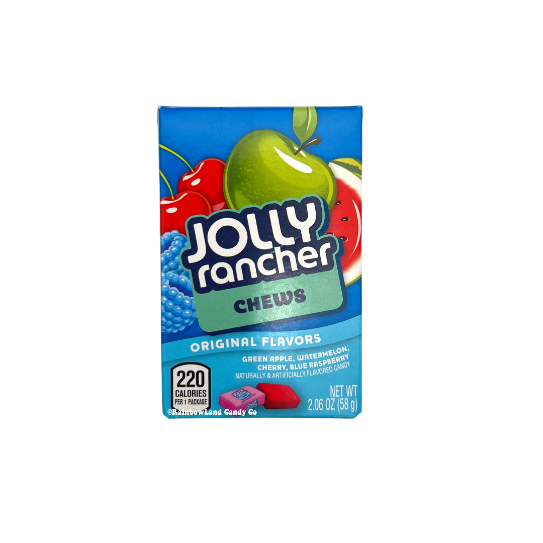 Jolly Rancher Chews candy box featuring green apple, watermelon, cherry, and blue raspberry flavors, 2.06 oz.