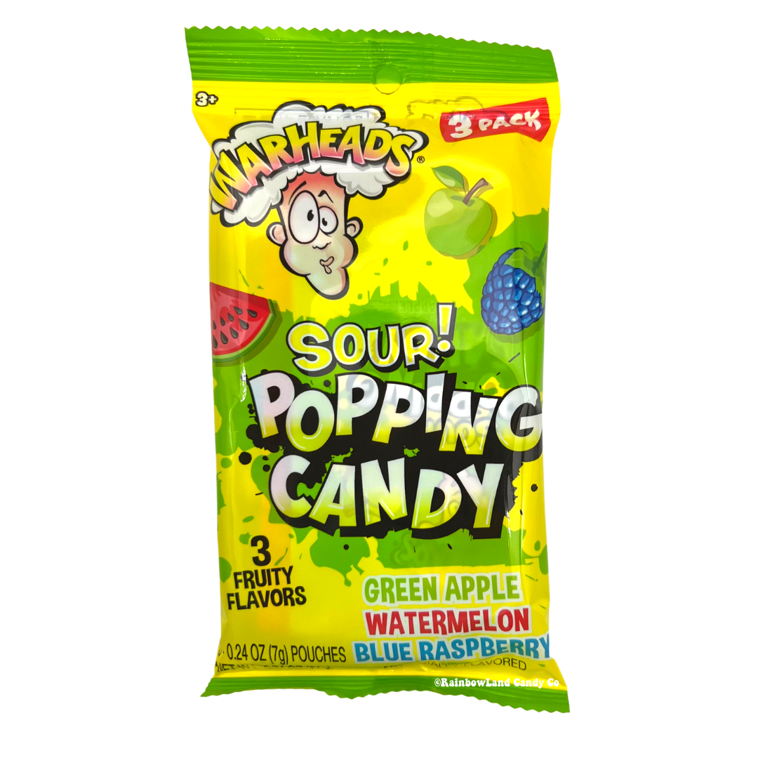 WarHeads Sour Popping Candy pack with green apple, watermelon, and blue raspberry flavors.