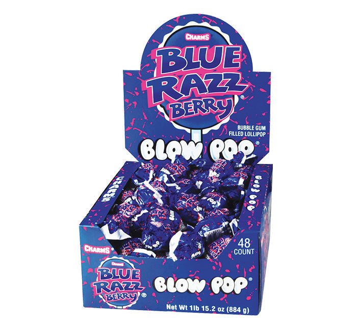 Blow Pop Blue Razz Berry lollipops in open display box with blue raspberry flavor.