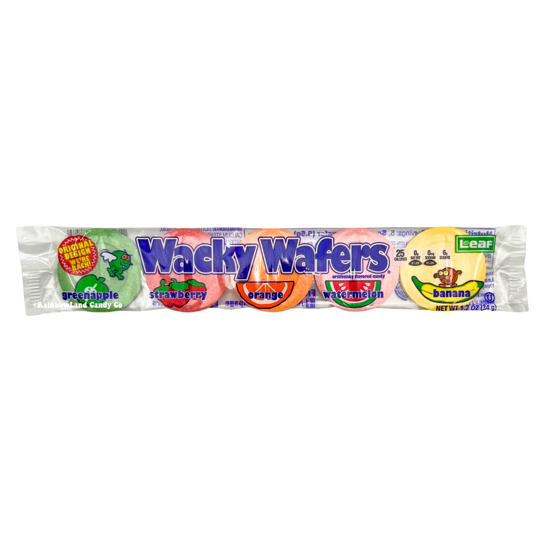 Wacky Wafers candy pack with assorted fruit flavors including green apple, strawberry, orange, watermelon, and banana.