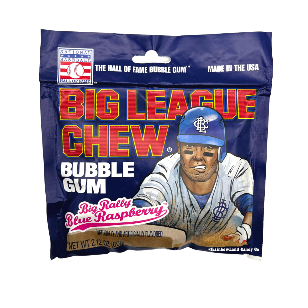 Big League Chew Blue Raspberry gum pack with baseball player illustration.