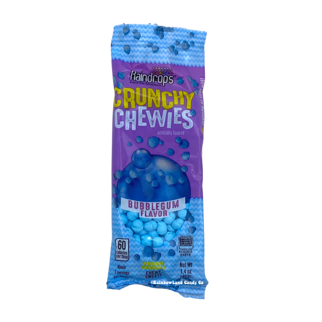 Raindrops Crunchy Chewies Bubble Gum flavored candy with hard shell and chewy center.